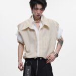 College Blue Striped Shirt Fake Two Pieces Short Sleeve Cardigan