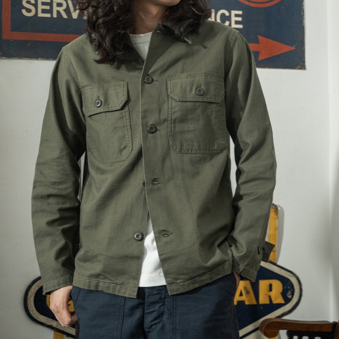 0c4fba7e-ad0a-4e92-9dfb-5fb2851889cc-1.jpg Olive Green Cotton Satin Work Clothes Shirt Men - Image 1