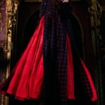 Navy Red Plaid Long Coat With Red Maxi Swing Dress Set