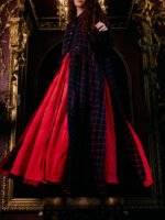 Navy Red Plaid Long Coat With Red Maxi Swing Dress Set