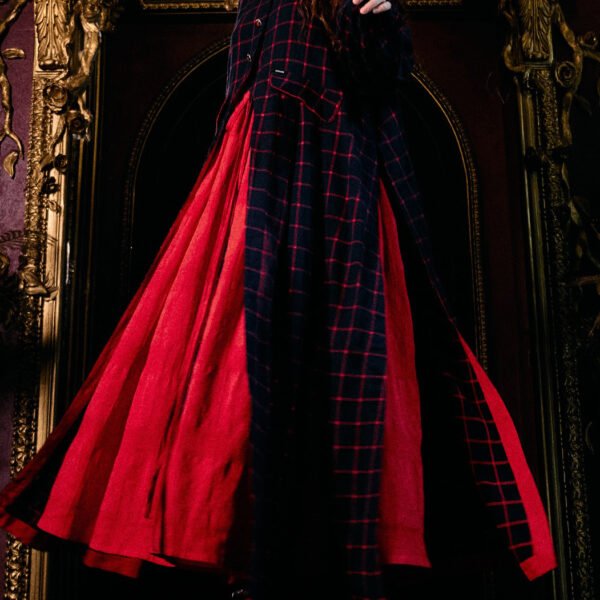 Navy Red Plaid Long Coat With Red Maxi Swing Dress Set