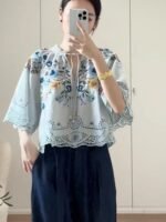 Embroidered Floral Hollow Out Tied Loose Round Neck Puff Sleeve Top - Image 7