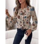 Women's Floral Print Notched Collar Shirt Elegant - Image 3
