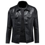 Men's Lapel Motorcycle Leather Coat - Image 3
