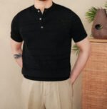 Knitted Henley Shirt American Retro Slim-fit Short Sleeve - Image 2