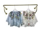 Embroidered Floral Hollow Out Tied Loose Round Neck Puff Sleeve Top - Image 5
