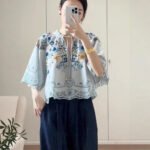 Embroidered Floral Hollow Out Tied Loose Round Neck Puff Sleeve Top - Image 2