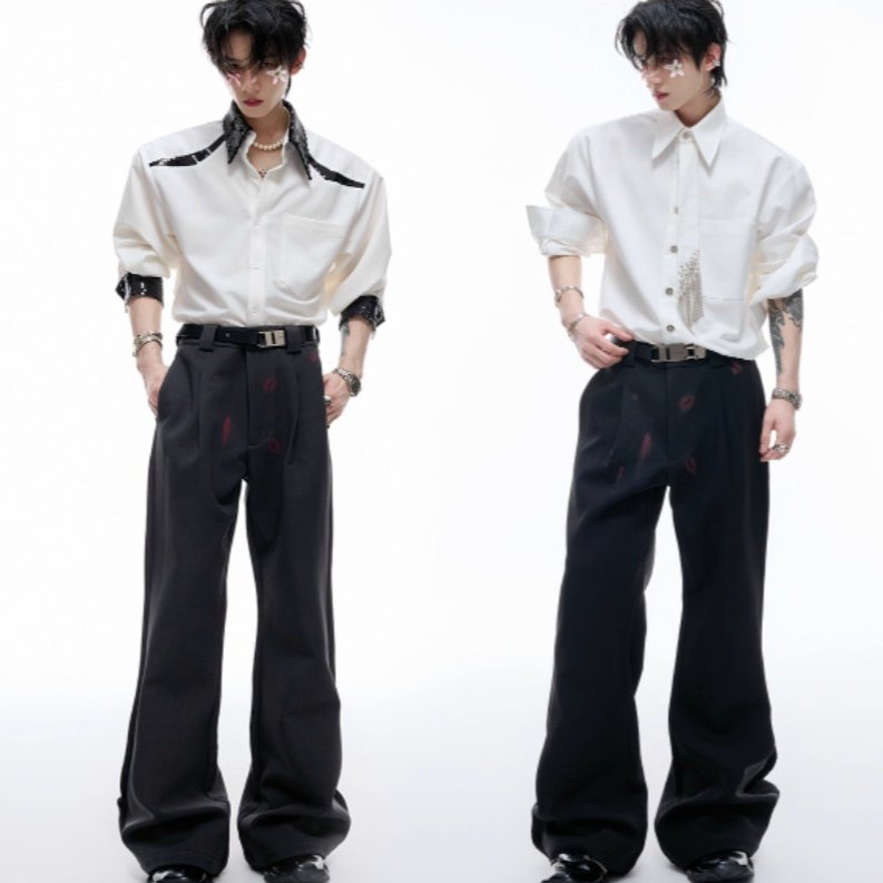 25a1d66a-614c-4051-bf14-942576f7d919_fine-1.jpeg Red Lip Print Suit Pants Slightly Stretch High Draping Effect Trousers - Image 1