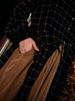 Navy Red Plaid Long Coat With Red Maxi Swing Dress Set - Image 9