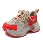 Shiny Sequin Women's High-top Sneakers With Thick Soles, Lace-up Fashion Shoes Featuring Silver And Red Rhinestone Design