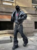 Dark Brush Wax Coated Pure Black High Elastic Ribbon Jeans - Image 3