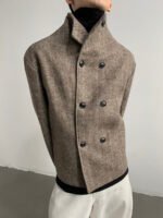 Double Breasted Stand Collar Woolen Cloth Coat Jacket - Image 2