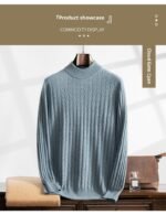 Thickened Wheat Jacquard Cashmere Sweater Men's Half-high Collar Solid Color Sweater - Image 6