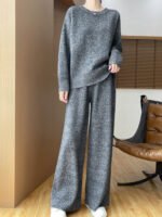 Australian Wool Round Neck Loose Western Style Sweater Straight-leg Pants Thickened Knitting Suit - Image 7