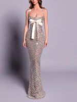 Crystal-Embellished Maxi Dress With White Bow Detail