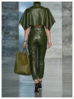 Olive Green Faux Leather Crop Top & High-Waist Belted Pants Set - Image 2