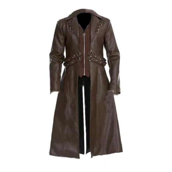 European And American Medieval Clothing Mid-length PU Leather Trench Coat