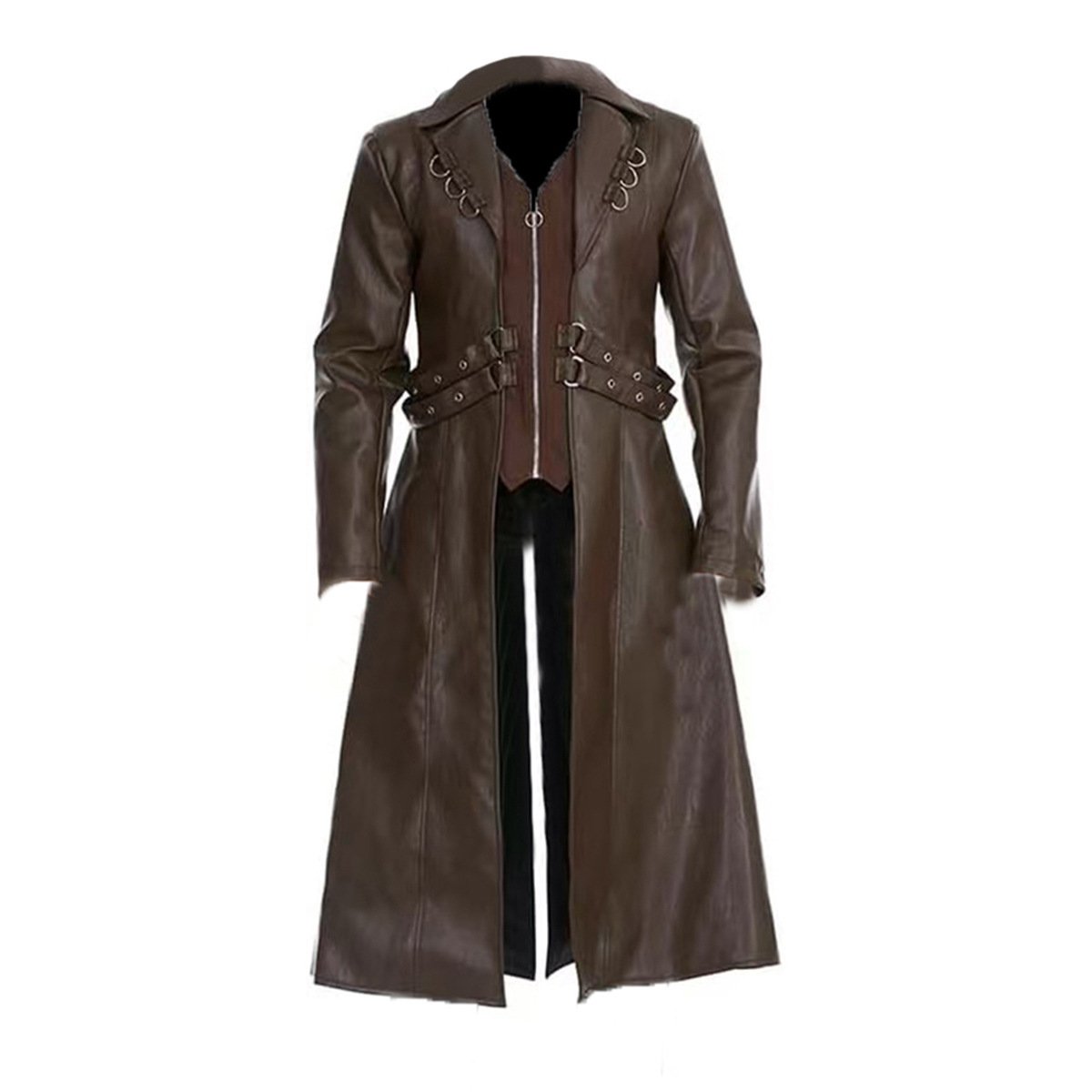 4432287e-8fa5-49d8-a1b7-8e2f5ce2c409-1.jpg European And American Medieval Clothing Mid-length PU Leather Trench Coat - Image 1