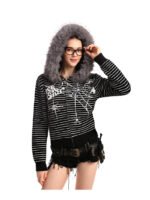 Women's Striped Spider Web Big Fur Collar Sweater - Image 6