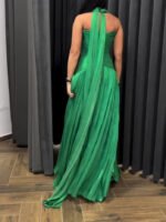 Emerald Green Plunging Neckline Gown With Pleated Skirt And Side Slit - Image 3