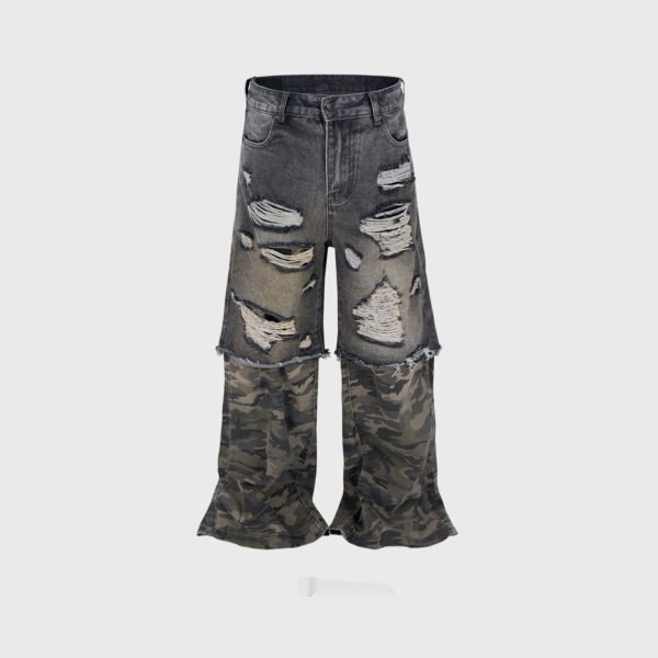 Camouflage Stitching Micro-pull Wide Leg Ripped Ripped Jeans