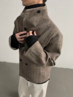 Double Breasted Stand Collar Woolen Cloth Coat Jacket - Image 3