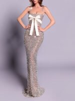 Crystal-Embellished Maxi Dress With White Bow Detail - Image 3