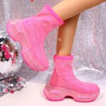 Women's Sparkling Rhinestone Ankle Boots, Thick-soled High Heels, Pink Disco Party Shoes, Fashionable Punk Rock Sequin Evening Boots