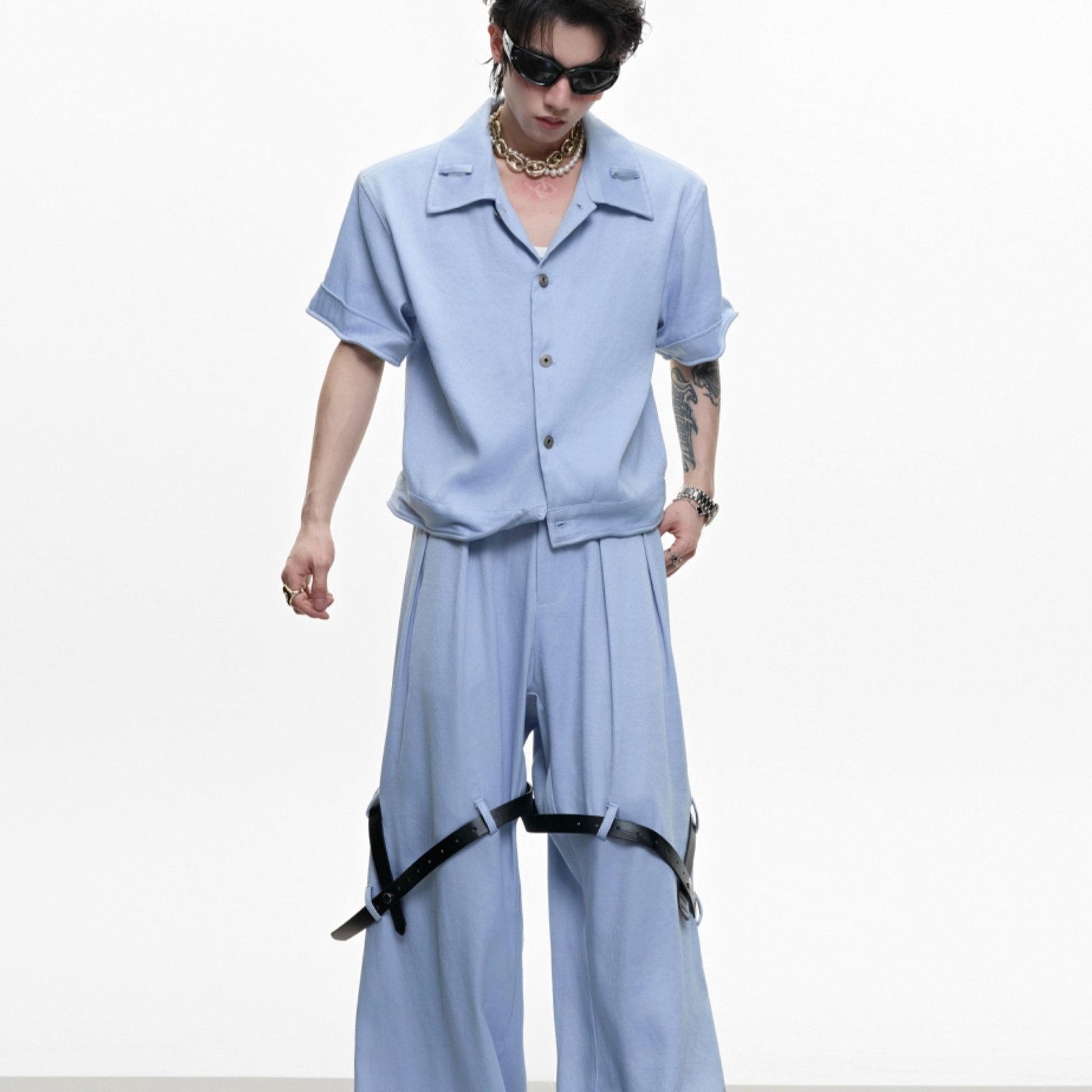 7961306b-1a86-4b88-8dba-9181ff3e7d81-1.jpeg Ice Solid Color Advanced Suit Belt Stitching Pants - Image 1