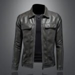 Men's Lapel Biker's Leather Jacket Slim Fit - Image 3