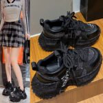 Shiny Sequin Women's High-top Sneakers With Thick Soles, Lace-up Fashion Shoes Featuring Silver And Red Rhinestone Design - Image 4