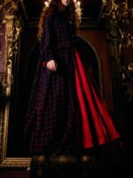 Navy Red Plaid Long Coat With Red Maxi Swing Dress Set - Image 3