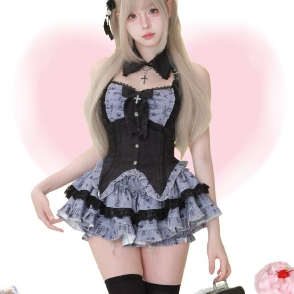 Printed Black Patchwork Top Get Bow Printing Skirt For Free