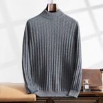Thickened Wheat Jacquard Cashmere Sweater Men's Half-high Collar Solid Color Sweater - Image 3