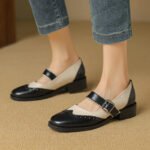 Square Head Female Color-blocking Leather Shoes Middle Documentary - Image 3