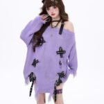 Hot Girl Ripped Tassel Off-the-shoulder Sweater For Women Autumn And Winter Loose - Image 3