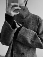 Double Breasted Stand Collar Woolen Cloth Coat Jacket - Image 5