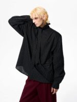 French Style Vintage Vertical Stripes Long Sleeve Tie Shirt - Image 7