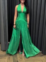 Emerald Green Plunging Neckline Gown With Pleated Skirt And Side Slit - Image 6