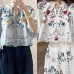 Embroidered Floral Hollow Out Tied Loose Round Neck Puff Sleeve Top