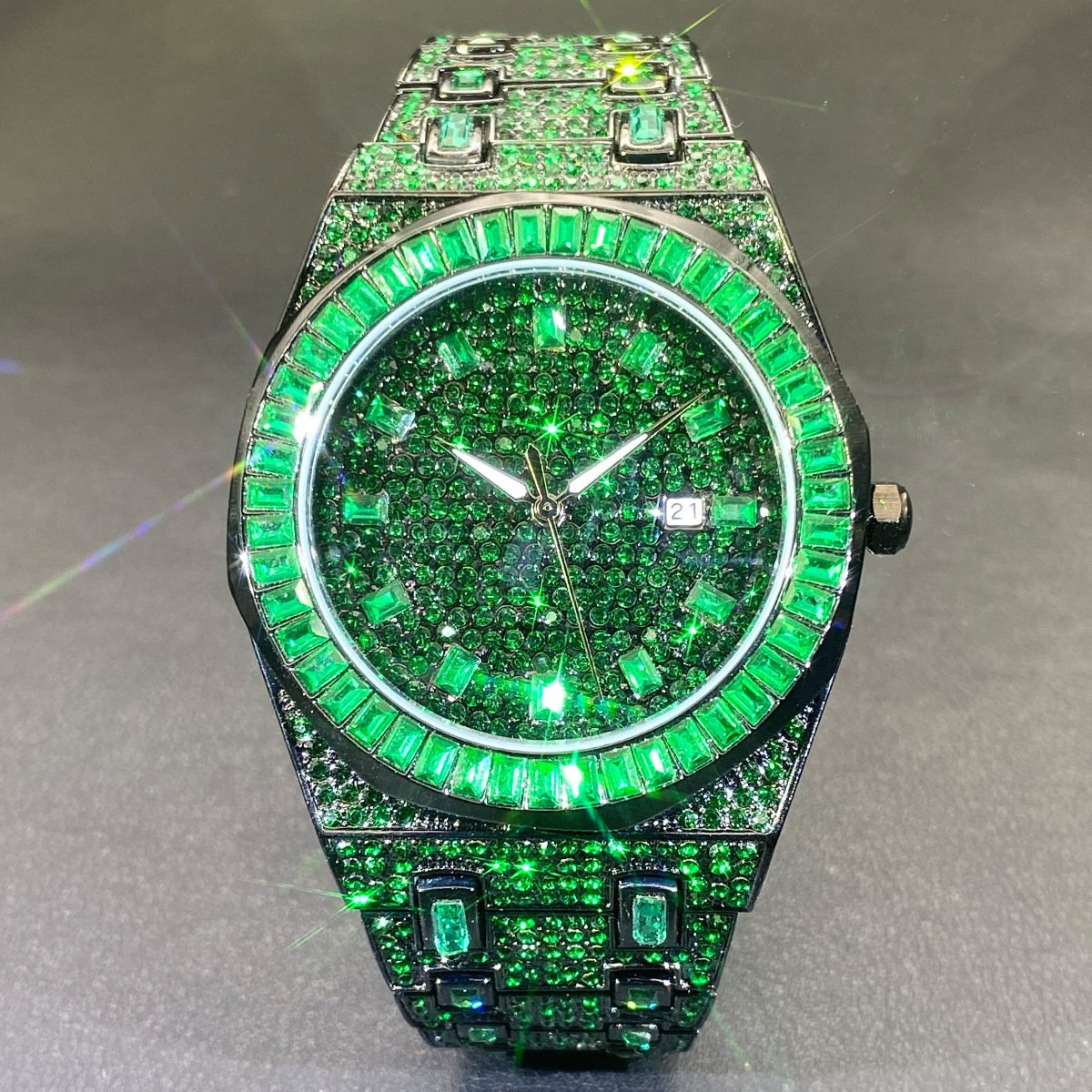 9cce6118-4fa4-4e2c-b3ff-6971c862995d-1.jpg Hip Hop Men's Fashion Green Full Rhinestone Quartz Watch - Image 1