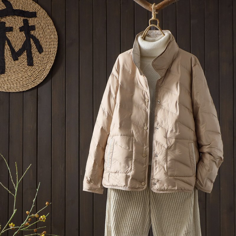 a0fd4cee-2a22-43c1-8a9a-6c0f9b7b785d-1.jpg Double-sided Wear Down Jacket Women's Short Light & Fashionable Solid Color Loose White Duck Down Warm Coat - Image 1