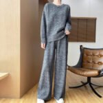Australian Wool Round Neck Loose Western Style Sweater Straight-leg Pants Thickened Knitting Suit - Image 4