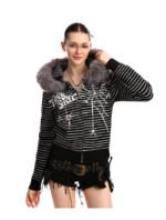 Women's Striped Spider Web Big Fur Collar Sweater - Image 4