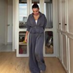 Women's Polo Collar Solid Color Waist Slimming Wide Leg Pants Suit