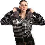 Women's Striped Spider Web Big Fur Collar Sweater
