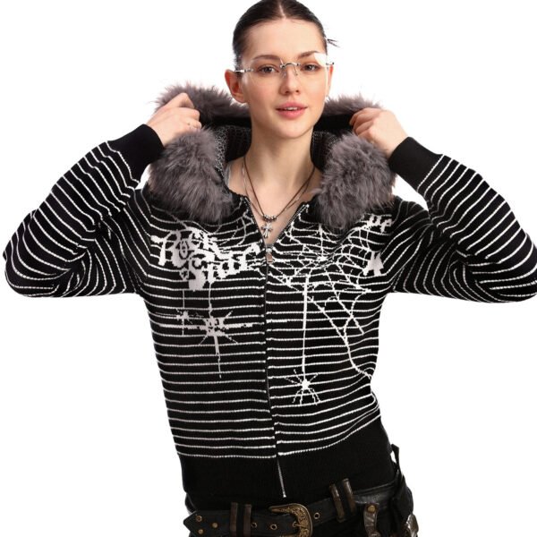 Women's Striped Spider Web Big Fur Collar Sweater