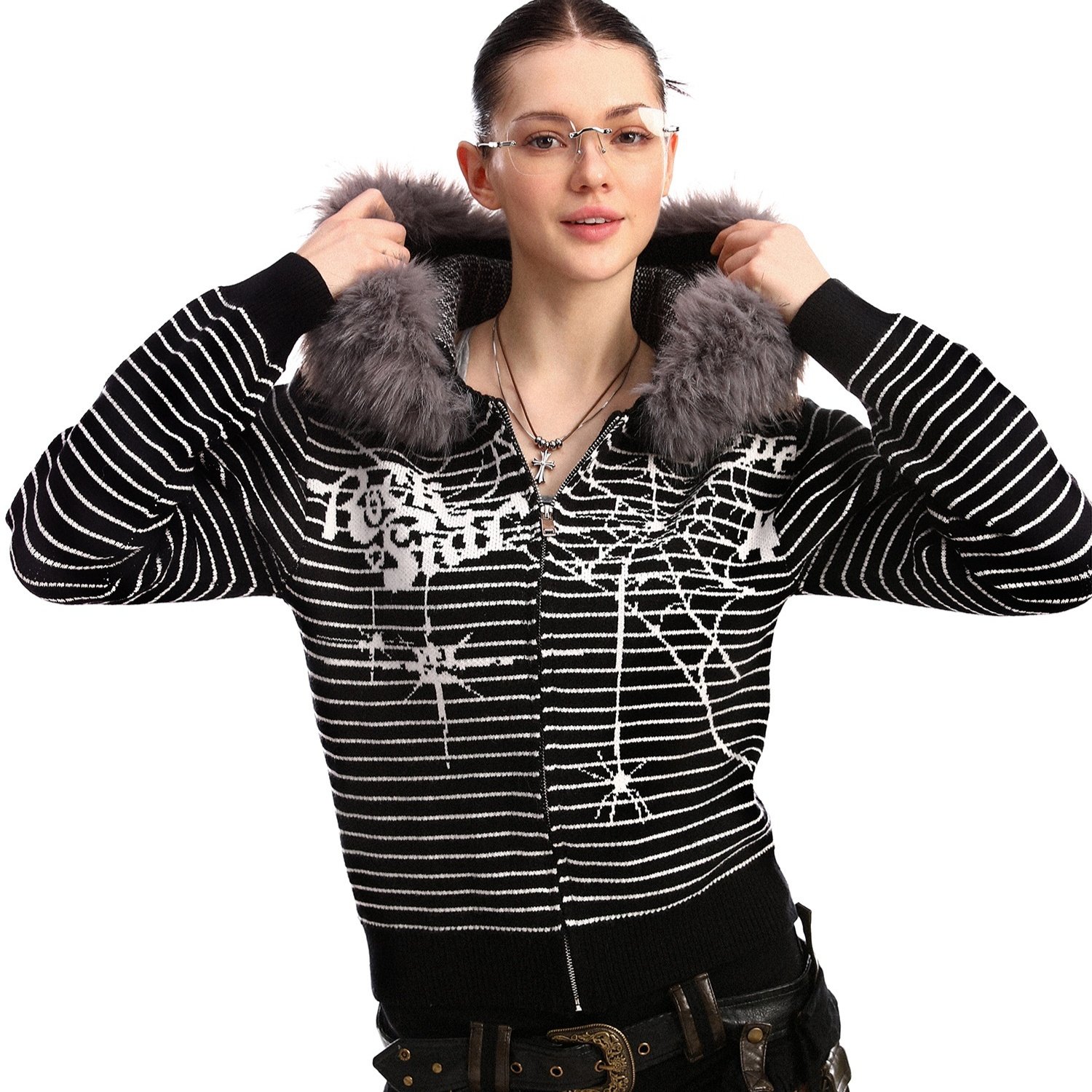 b702d301-9047-49fb-9c89-1ddc1122db80_fine-1.jpeg Women's Striped Spider Web Big Fur Collar Sweater - Image 1