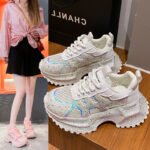 TIANXIU Women's Chunky Platform Sneakers, Light Yellow Glitter Rhinestone Accent Fashion Shoes With Green Trim And Thick White Sole - Image 5