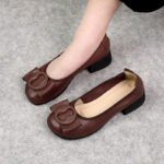 Low-cut Authentic Leather Women's Mid Heel Slip-on Round Head Pumps - Image 4